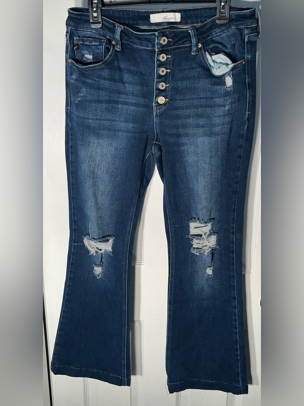 KanCan Mid Rise Button Fly Flare Jeans Dark Wash Distressed Bell Bottom 15/31